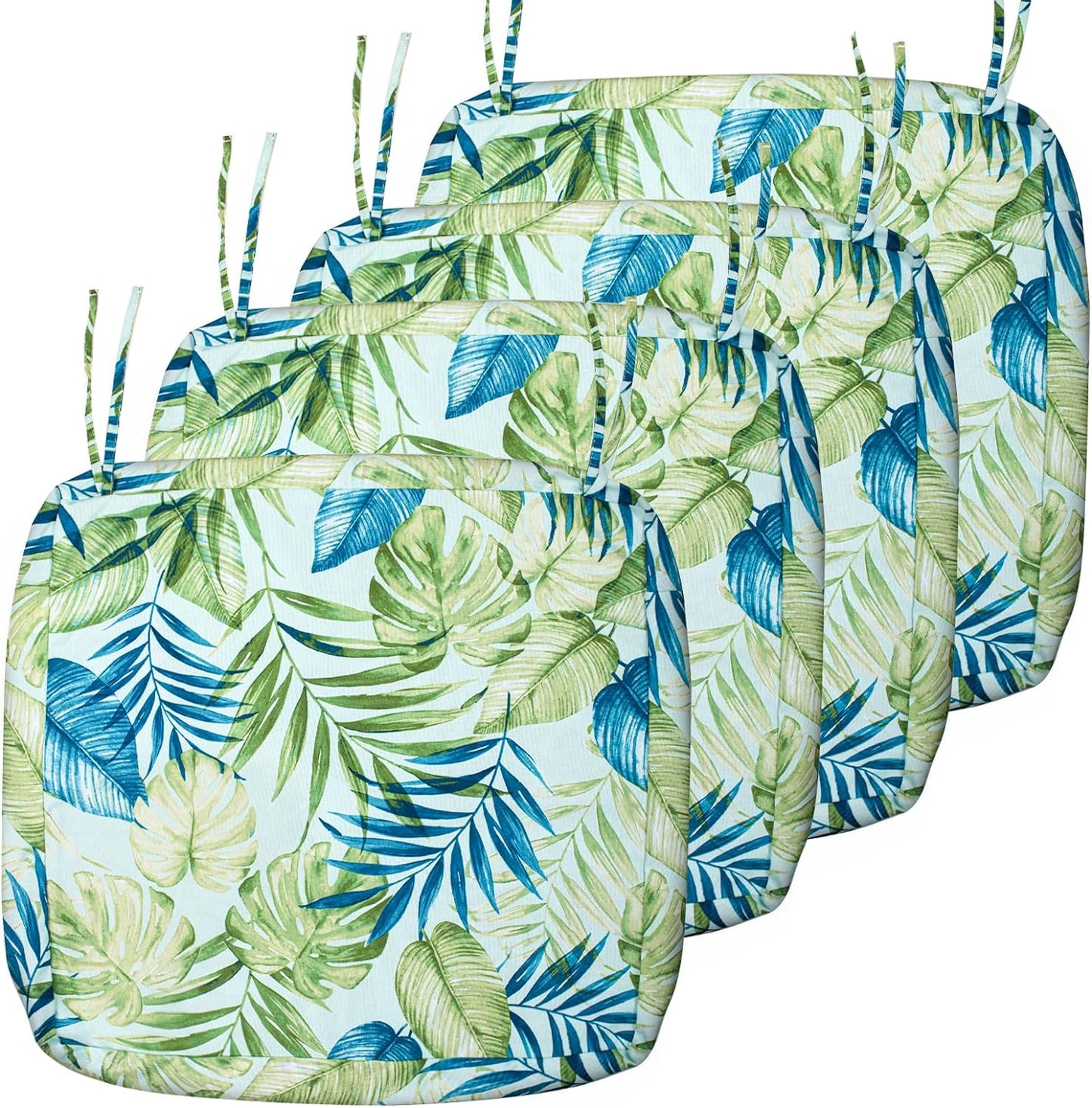 Sunlit Outdoor Cushion Covers 24" x 24" x 4", Replacement Cover Only, 4 Pack Water-Repellent Patio Chair Seat Slipcovers with Zipper and Tie, Tropical Leaf, Blue Green