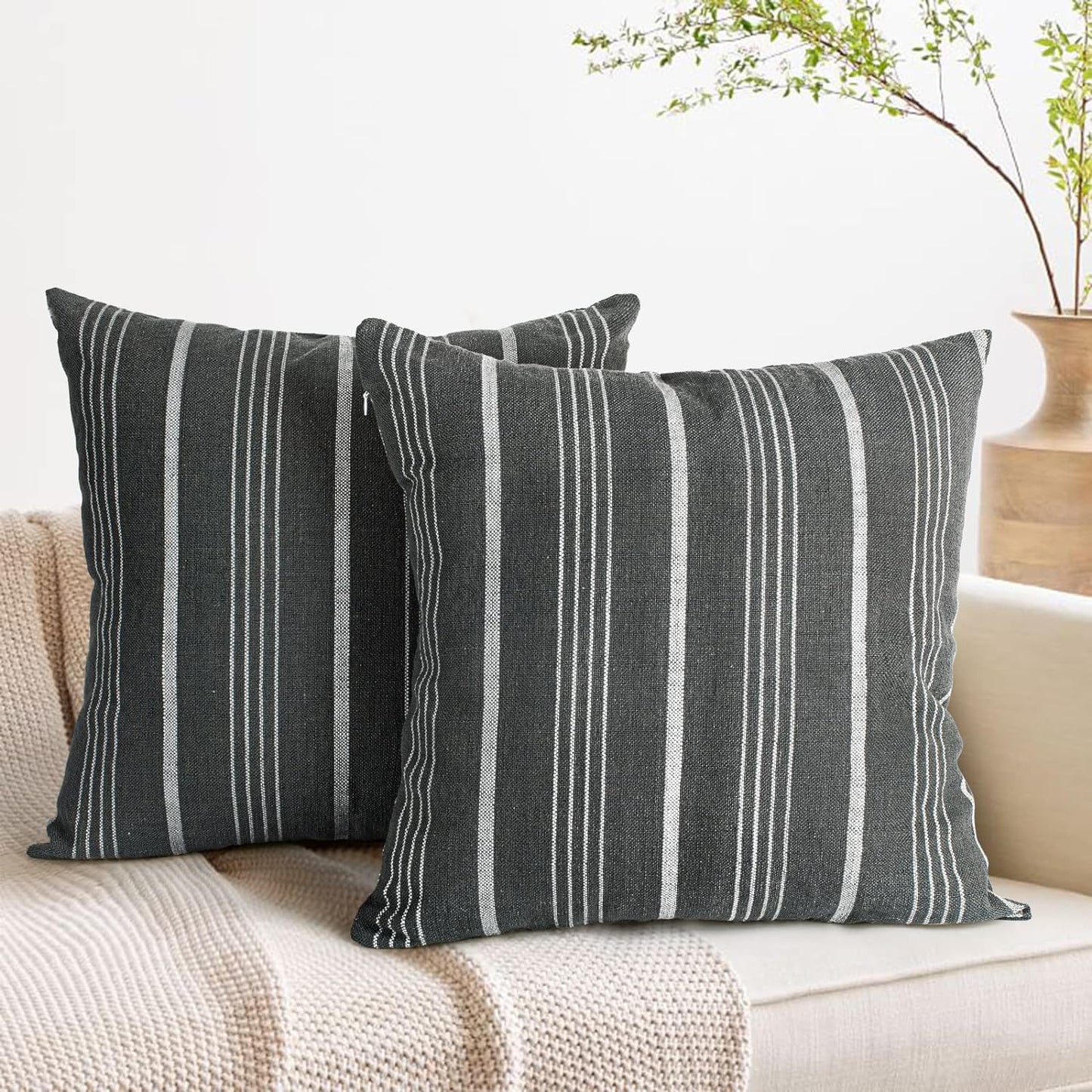 Sunlit Decorative Farmhouse Throw Pillow Case, Cover Only, Set of 2 Cream/Off-White with Charcoal Stripes Square Pillow Cover, 18" x 18", Textured Linen Throw Cushion Covers