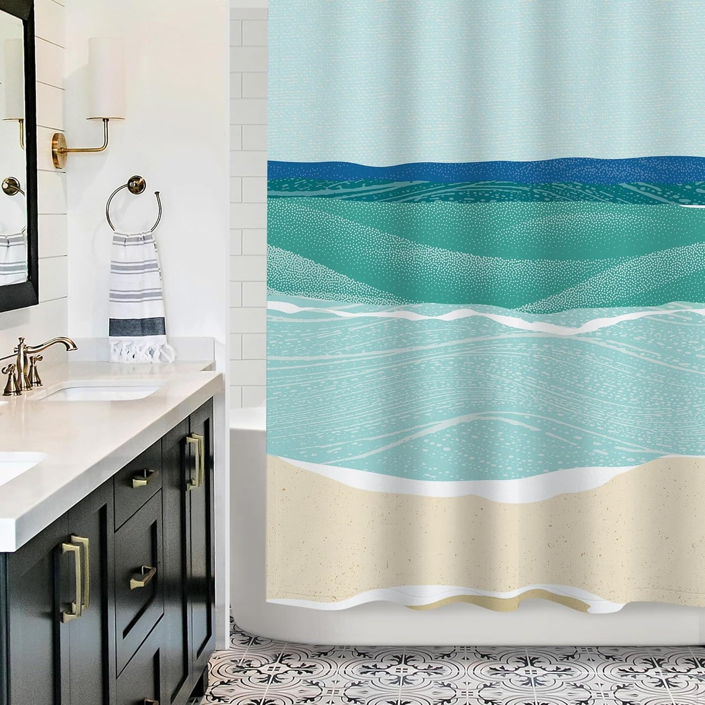 Abstract Beach Shower Curtain, Blue Seashore Ocean Shower Curtains for Modern Bathroom Decor, Coastal Sea Waves Bathroom Curtains, 71x71