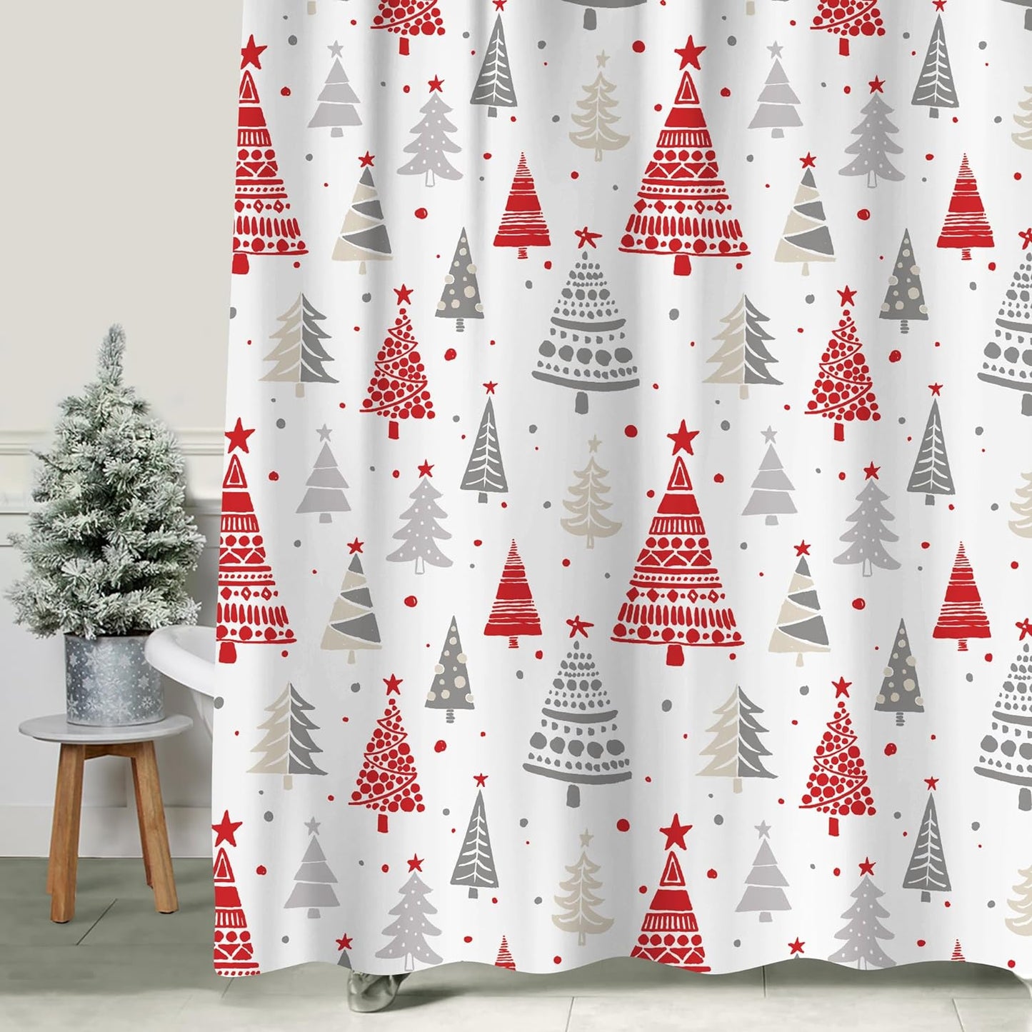 Christmas Shower Curtain, Red and Gray Xmas Trees with Stars and Snow Pattern Shower Curtain for Bathroom Decor, 71x71 Inch