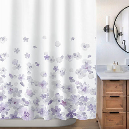 Sunlit Design Simple Style Blue and Gray Flower Blossoms Fabric Shower Curtains for Bathroom Decor with White Background, Machine Washable