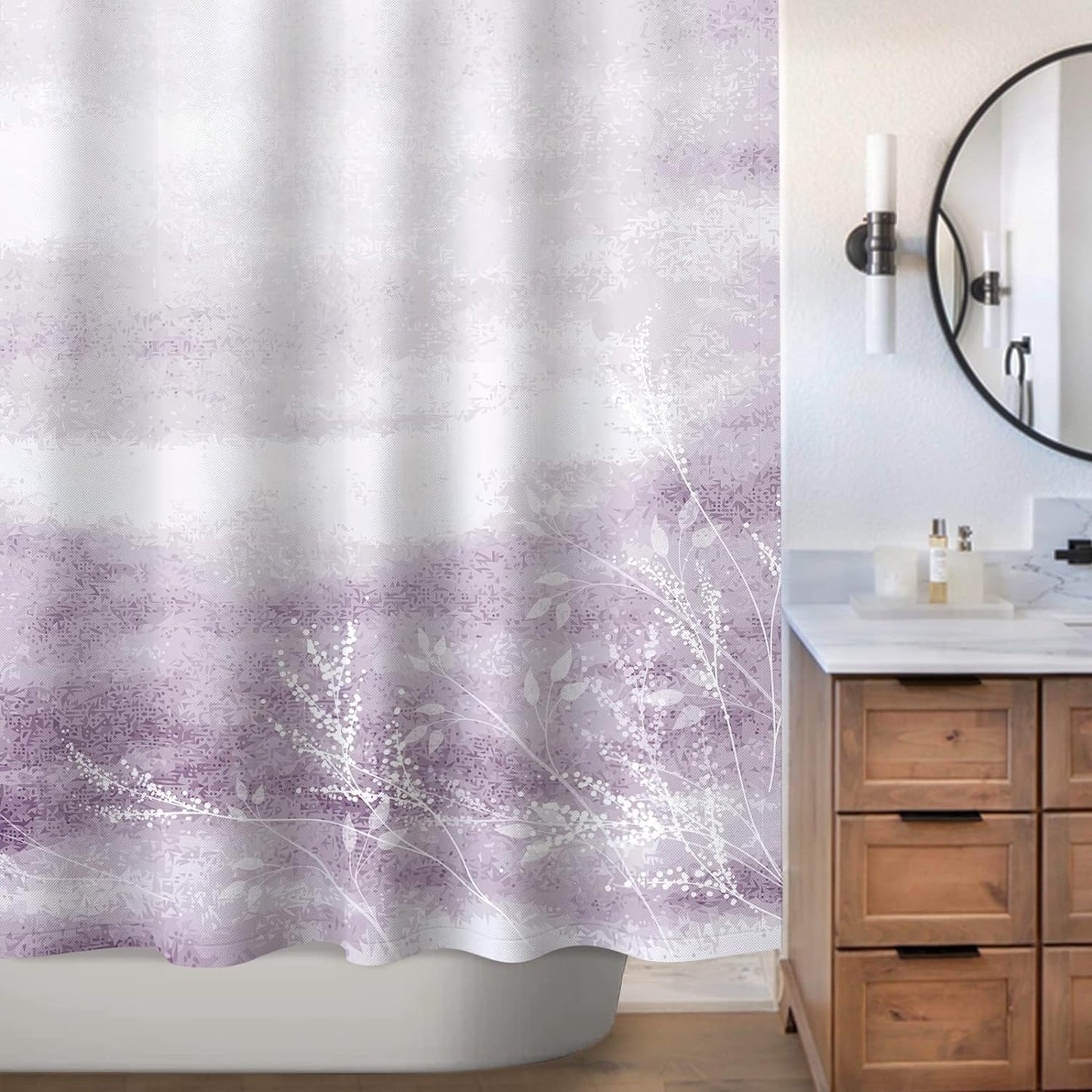 Sunlit Design Dreamy Shower Curtain, Flowering Vines in Pastel Cloud Fabric Shower Curtain with Purple Background, Bathroom Decoration Art Painting Shower Curtains, Purple, 71" x 71"