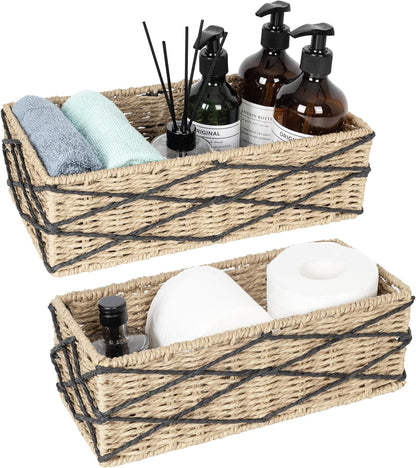 Sunlit Natural Fiber Farmhouse Storage Baskets, Hand Woven Bathroom Storage Boxes, Boho Toilet Paper Tank Basket, Decorative Storage Bins for Countertop, Bathroom Organizer Set of 2, Wavy, Beige