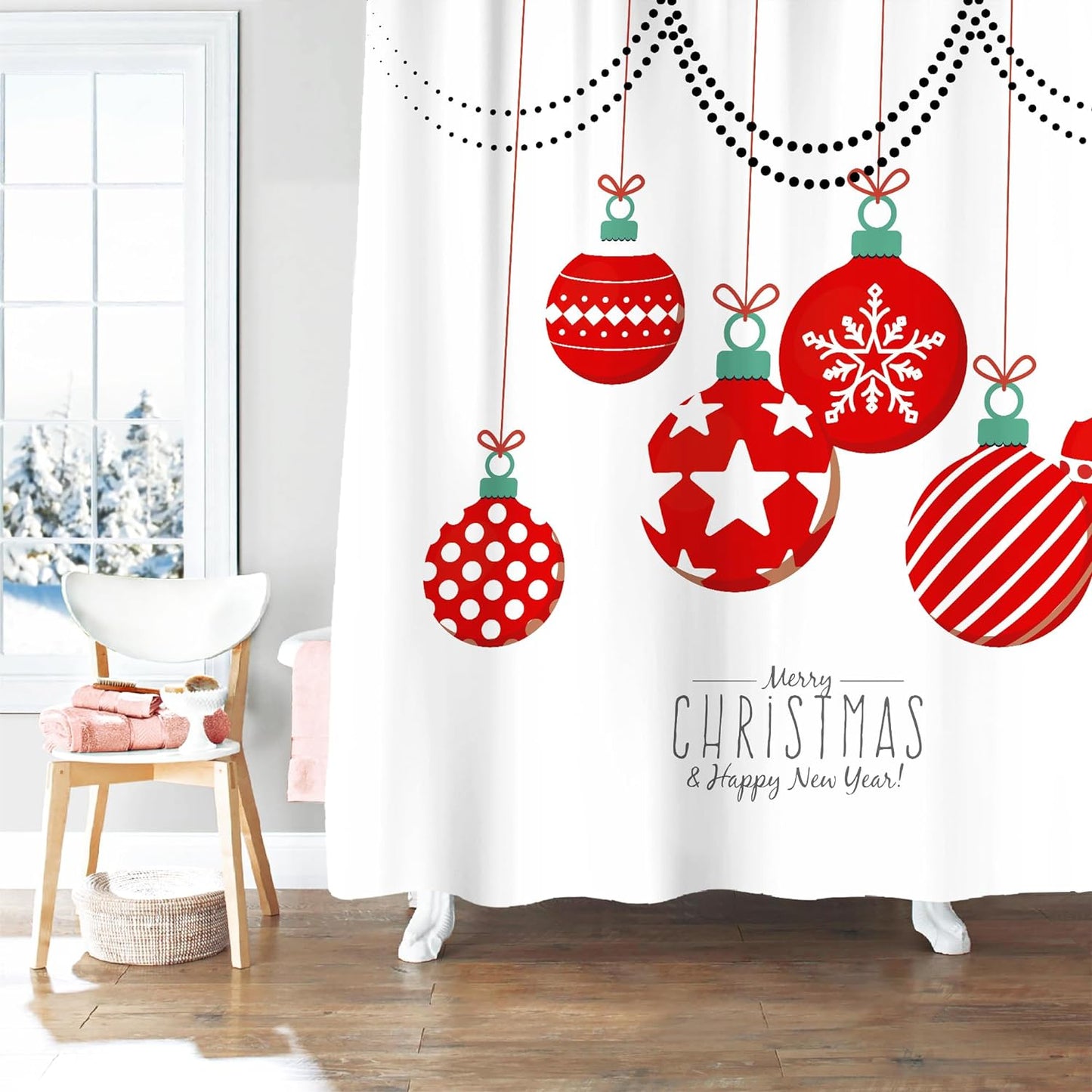 Geometric Modern Design Christmas Shower Curtain Christmas Tree Bathroom Home Office Holiday Wall Decoration as Tapestry and Photo Booth Backdrop Red Green White Printed