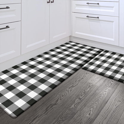 Sunlit Set of 2 Anti Fatigue Kitchen Floor Mat, Non Slip Waterproof Comfort Standing Mat, 0.4Inch Thick Cushioned Farmhouse Kitchen Rug Runner, Buffalo Plaid(Size:17"x28"&17"x47")