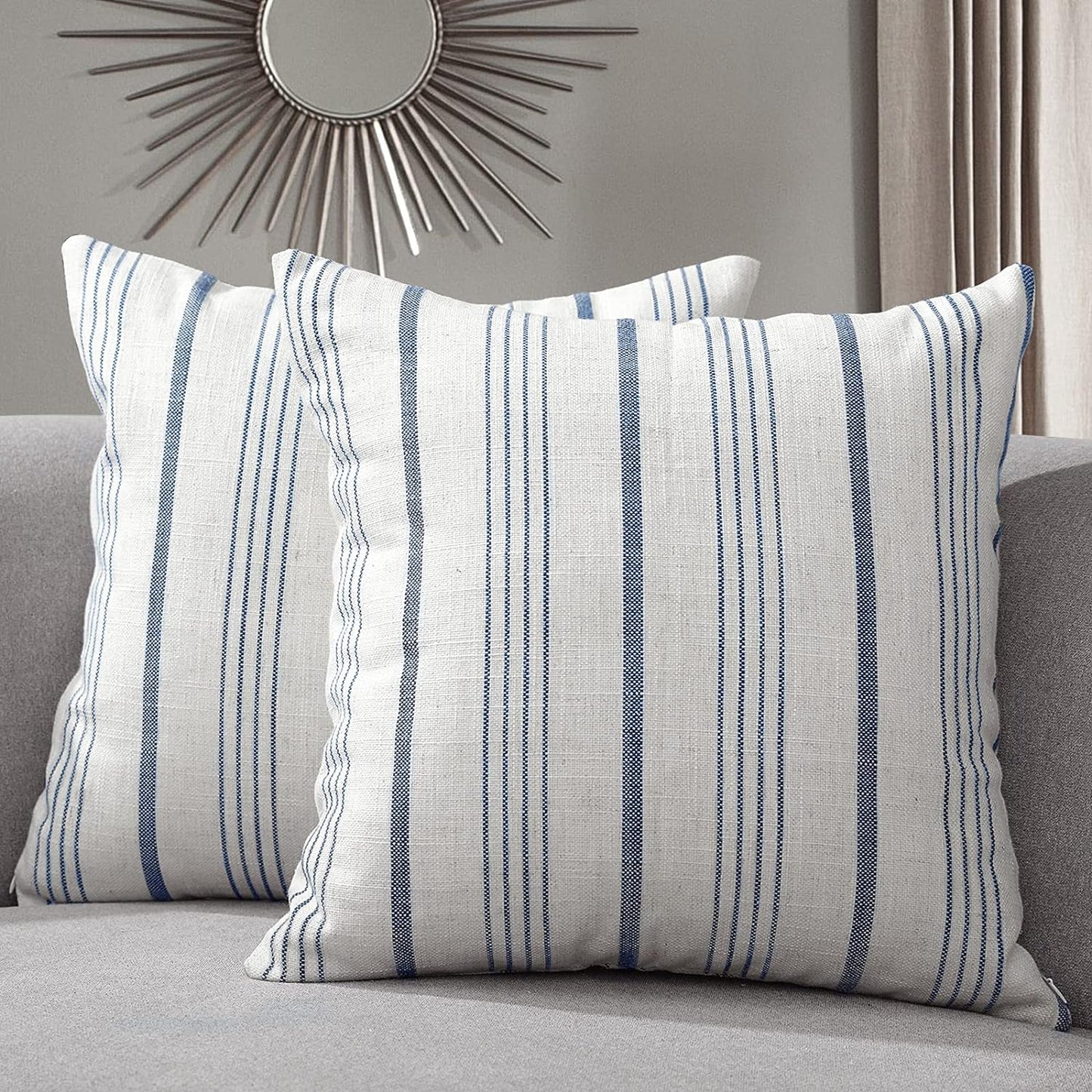 Sunlit Decorative Farmhouse Throw Pillow Case, Cover Only, Set of 2 Cream/Off-White with Charcoal Stripes Square Pillow Cover, 18" x 18", Textured Linen Throw Cushion Covers