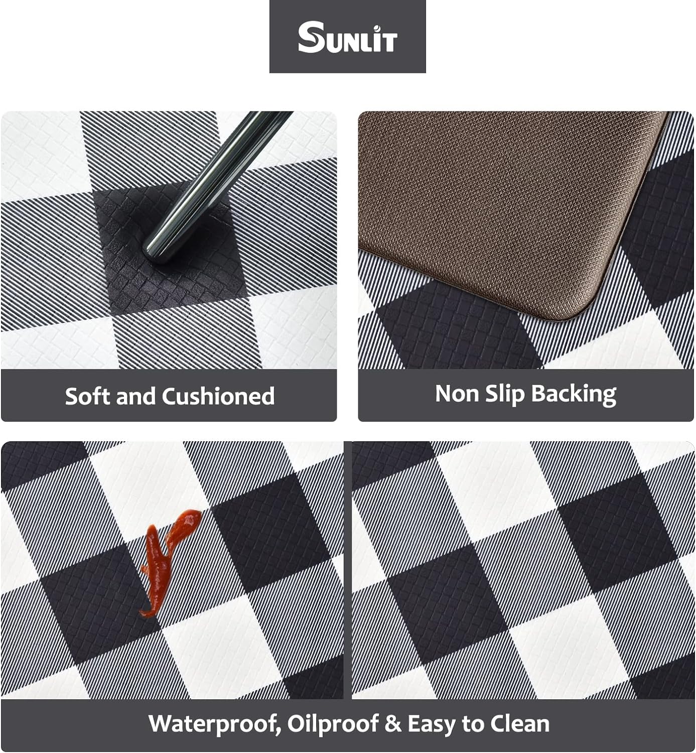 Sunlit Set of 2 Anti Fatigue Kitchen Floor Mat, Non Slip Waterproof Comfort Standing Mat, 0.4Inch Thick Cushioned Farmhouse Kitchen Rug Runner, Buffalo Plaid(Size:17"x28"&17"x47")