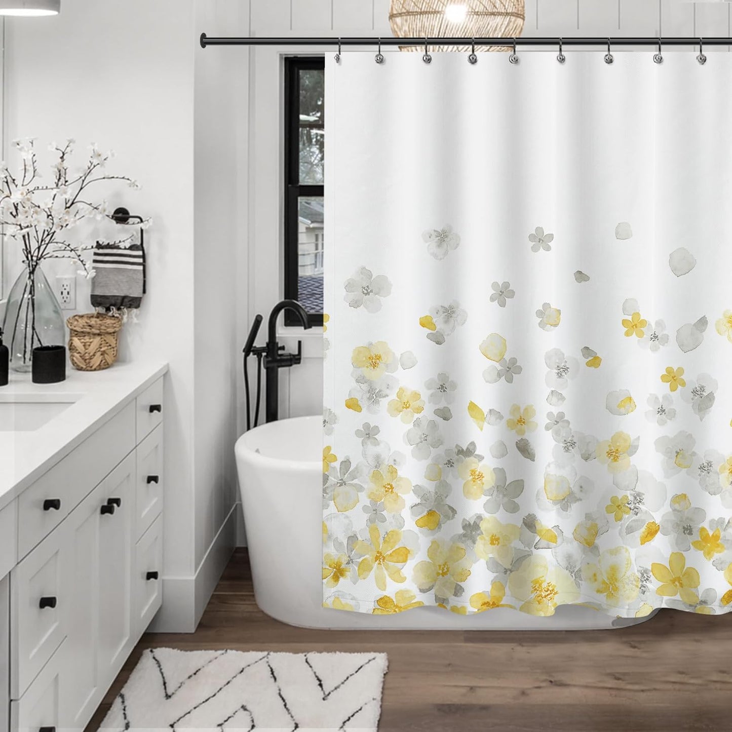 Sunlit Design Simple Style Blue and Gray Flower Blossoms Fabric Shower Curtains for Bathroom Decor with White Background, Machine Washable