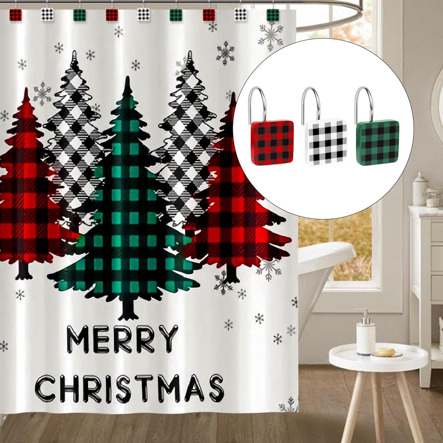 Christmas Decorative Shower Curtain Hooks, Plaid Buffalo Check Shower Curtain Rings, Xmas Classic Decor for Bathroom Home, Round Shower Curtain Hangers, Set of 12, White Black Red Green