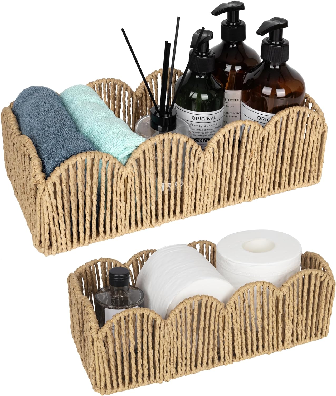 Sunlit Natural Fiber Farmhouse Storage Baskets, Hand Woven Bathroom Storage Boxes, Boho Toilet Paper Tank Basket, Decorative Storage Bins for Countertop, Bathroom Organizer Set of 2, Wavy, Beige