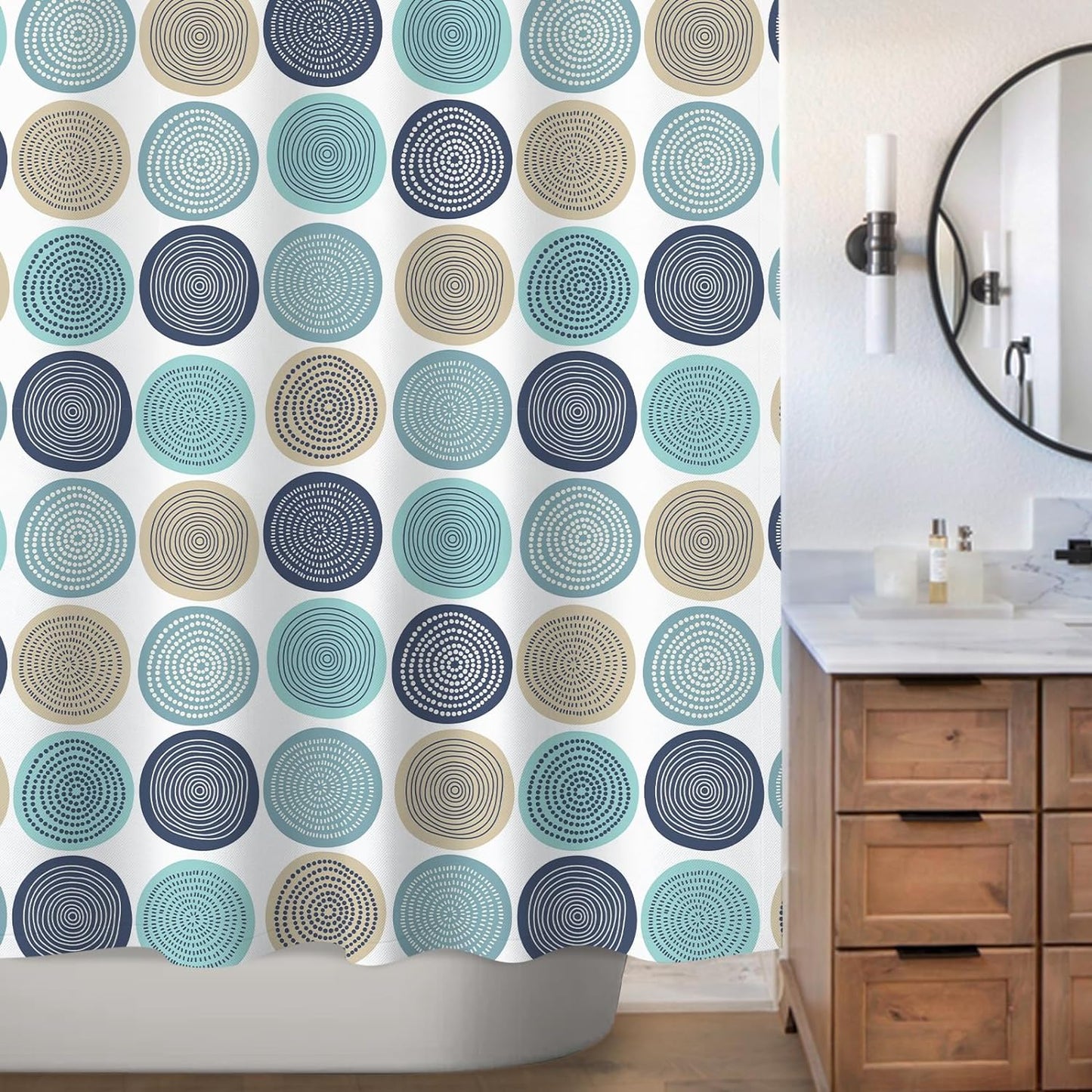 Sunlit Abstract Tree Rings Woody Artistic Fabric Shower Curtain. Nature Pale Blue Teal Beige Light Brown