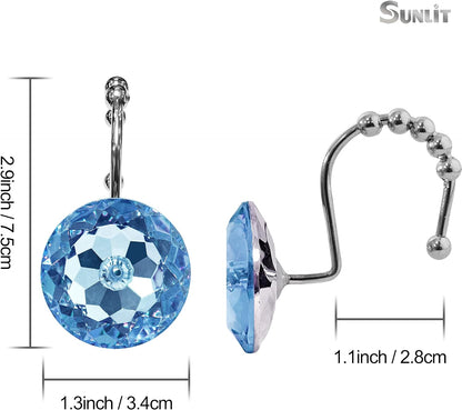 Sunlit Luxury Design Round Teal Blue Diamond Crystal Gem Bling with Glide Balls Shower Curtain Hooks for Mermaid Shower Curtains, Rust Proof Metal Rhinestones Glam Shower Curtain Rings-12 Pack