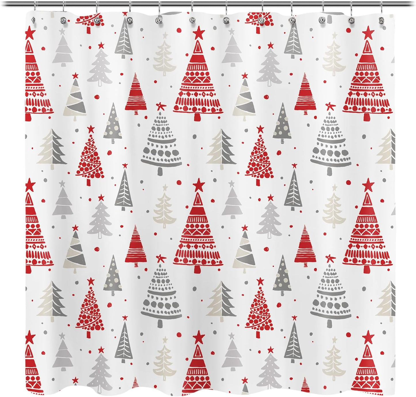 Christmas Shower Curtain, Red and Gray Xmas Trees with Stars and Snow Pattern Shower Curtain for Bathroom Decor, 71x71 Inch