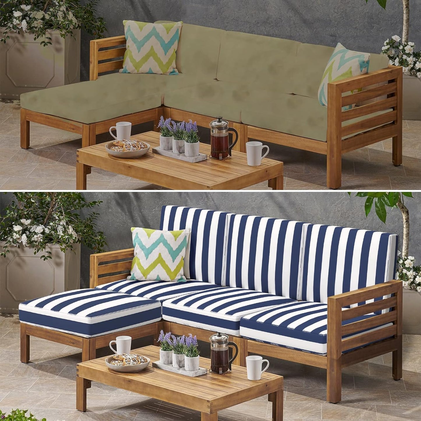 Sunlit Outdoor Cushion Covers, Replacement Cover Only, 4 Pack Water-Repellent Patio Chair Seat Slipcovers with Zipper and Tie, 22" x 20" x 4", Stripe, Navy Blue White