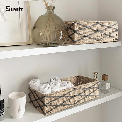 Sunlit Natural Fiber Farmhouse Storage Baskets, Hand Woven Bathroom Storage Boxes, Boho Toilet Paper Tank Basket, Decorative Storage Bins for Countertop, Bathroom Organizer Set of 2, Wavy, Beige