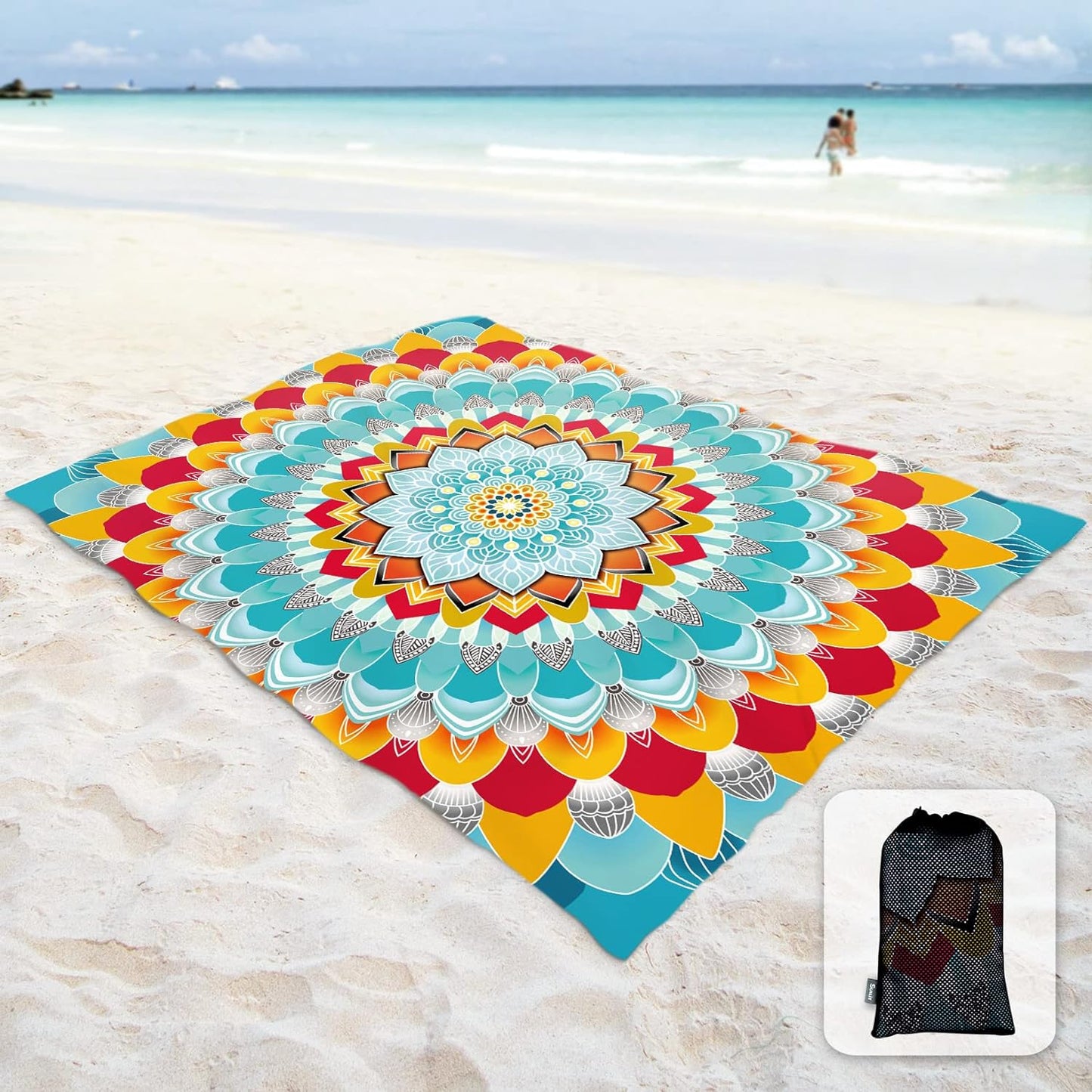 Sunlit Silky Soft 85"x72" Boho Sand Proof Beach Blanket Sand Proof Mat with Corner Pockets and Mesh Bag for Beach Party, Travel, Camping and Outdoor Music Festival, Peacock Blue Flower Mandala