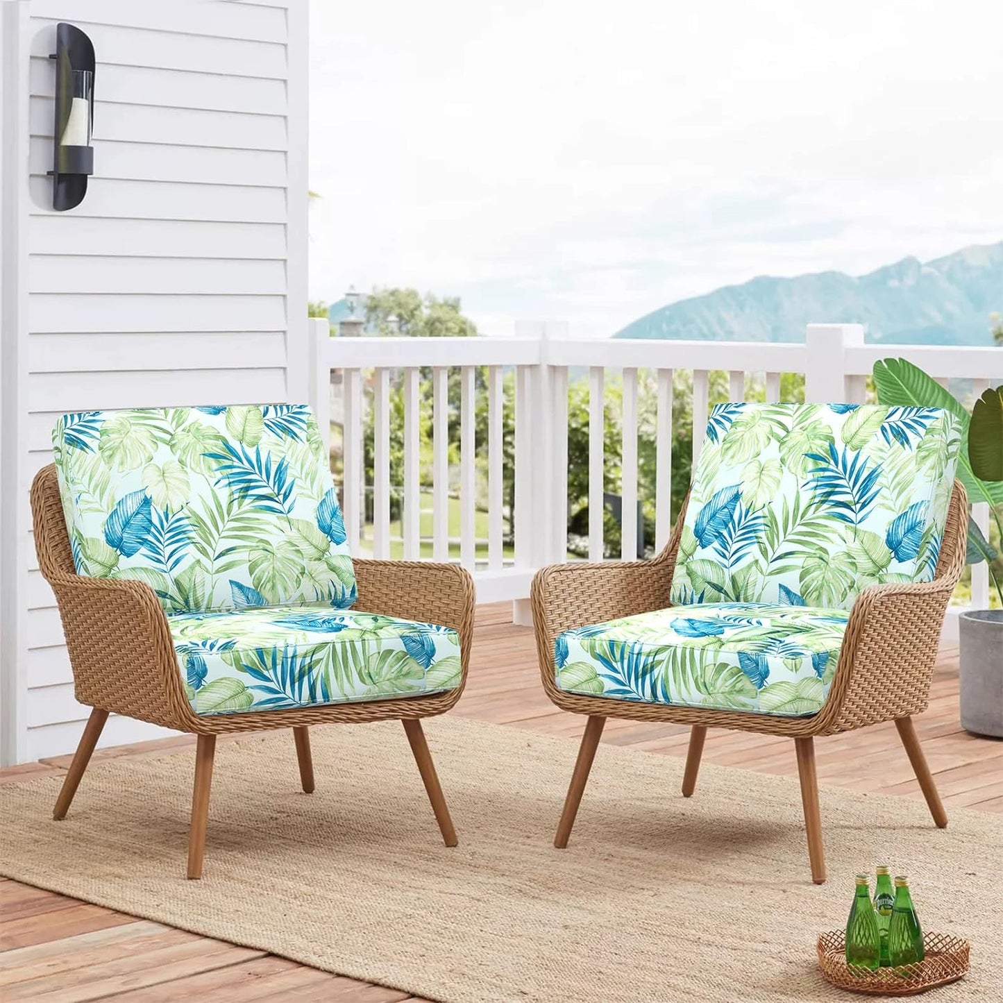 Sunlit Outdoor Cushion Covers 24" x 24" x 4", Replacement Cover Only, 4 Pack Water-Repellent Patio Chair Seat Slipcovers with Zipper and Tie, Tropical Leaf, Blue Green