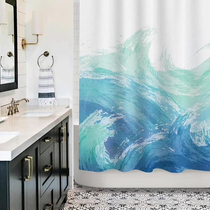 Wave Shower Curtain, Ombre Blue and Green Ocean Theme Shower Curtain for Bathroom Modern Decor Waterproof Tapestry, 71x71 Inch