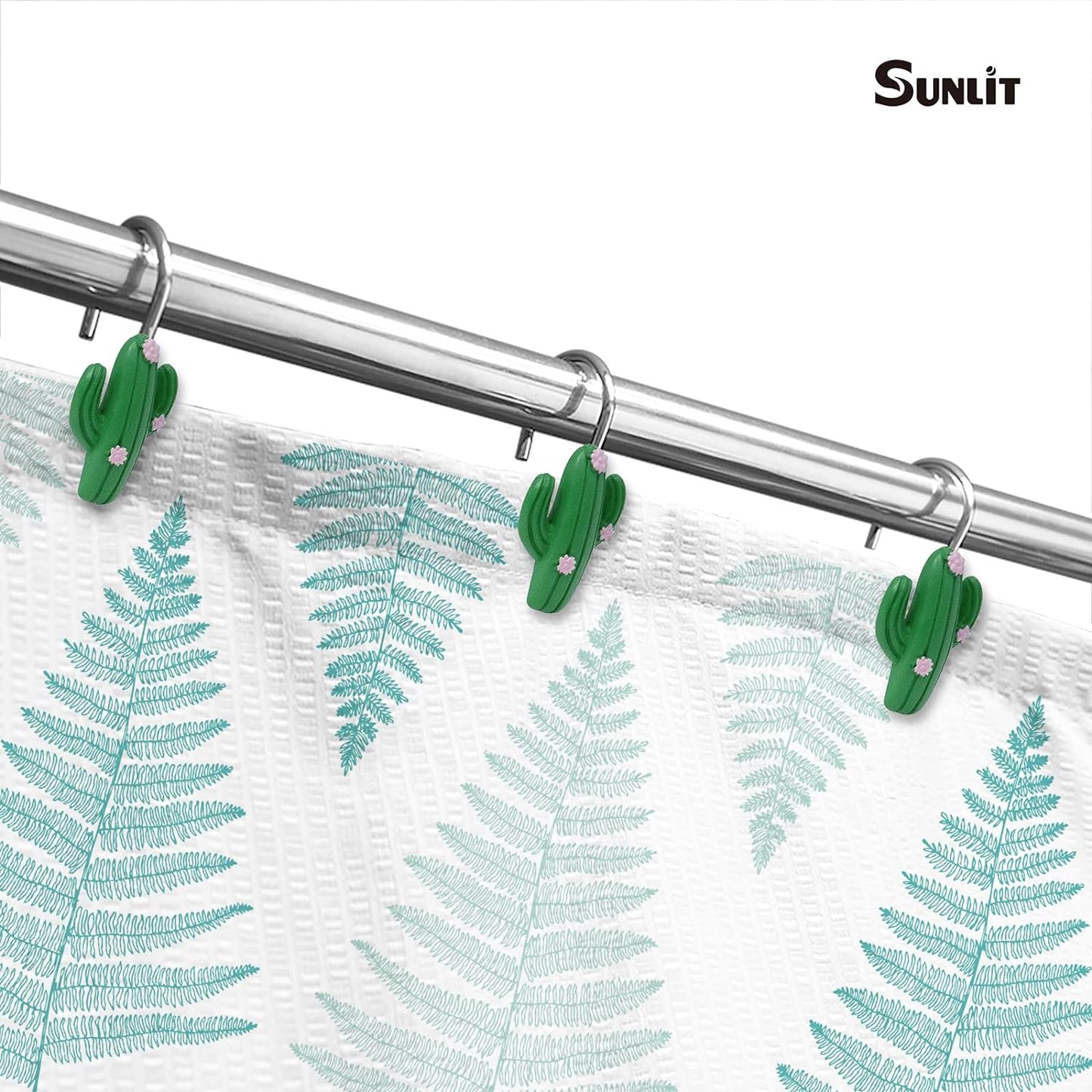 Sunlit Tropical Cactus Decorative Shower Curtain Hooks, Green Cactus Flowers Blossom Shower Curtain Rings, Resin, Summer Bathroom Decoration - 12 Pack