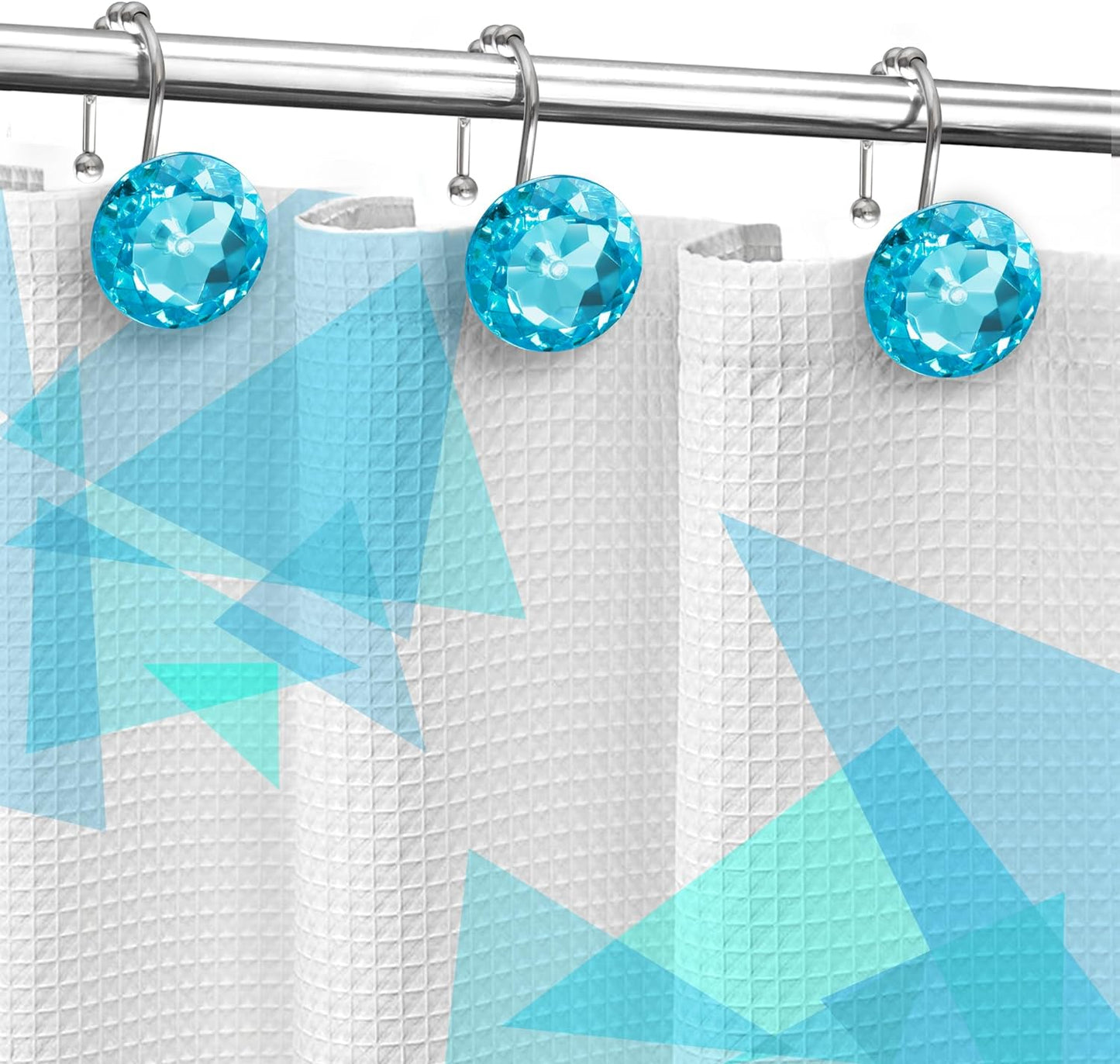 Sunlit Luxury Design Round Teal Blue Diamond Crystal Gem Bling with Glide Balls Shower Curtain Hooks for Mermaid Shower Curtains, Rust Proof Metal Rhinestones Glam Shower Curtain Rings-12 Pack