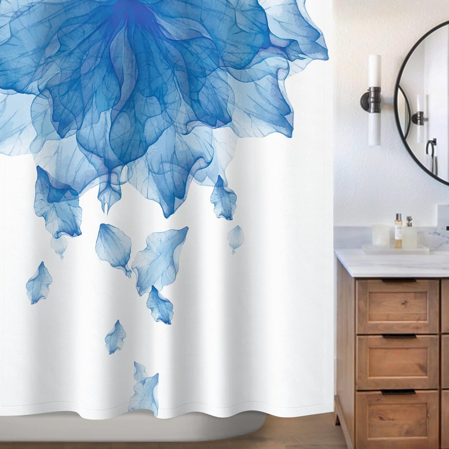 Floral Fabric Shower Curtain, Teal Blue Watercolor Shower Curtain for Bathroom Modern Decor Tapestry