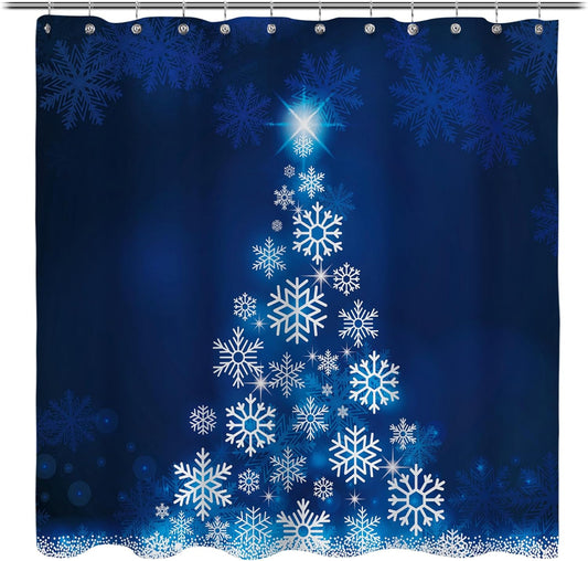 Blue Fluorescent Christmas Snowflake Tree with Dark Blue Background Fabric Shower Curtain, Bathroom Home Office Holiday Wall Decoration as Tapestry and Photo Booth Backdrop