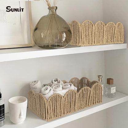 Sunlit Natural Fiber Farmhouse Storage Baskets, Hand Woven Bathroom Storage Boxes, Boho Toilet Paper Tank Basket, Decorative Storage Bins for Countertop, Bathroom Organizer Set of 2, Wavy, Beige