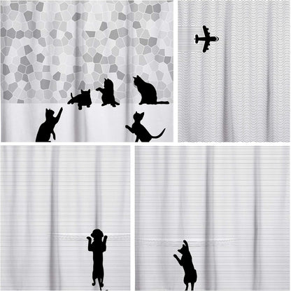 Sunlit Cute Black Dog Curious Cartoon Puppy with Black and White Stripes Fabric Shower Curtain for Kids Dog Lovers PVC-Free Bathroom Decor.