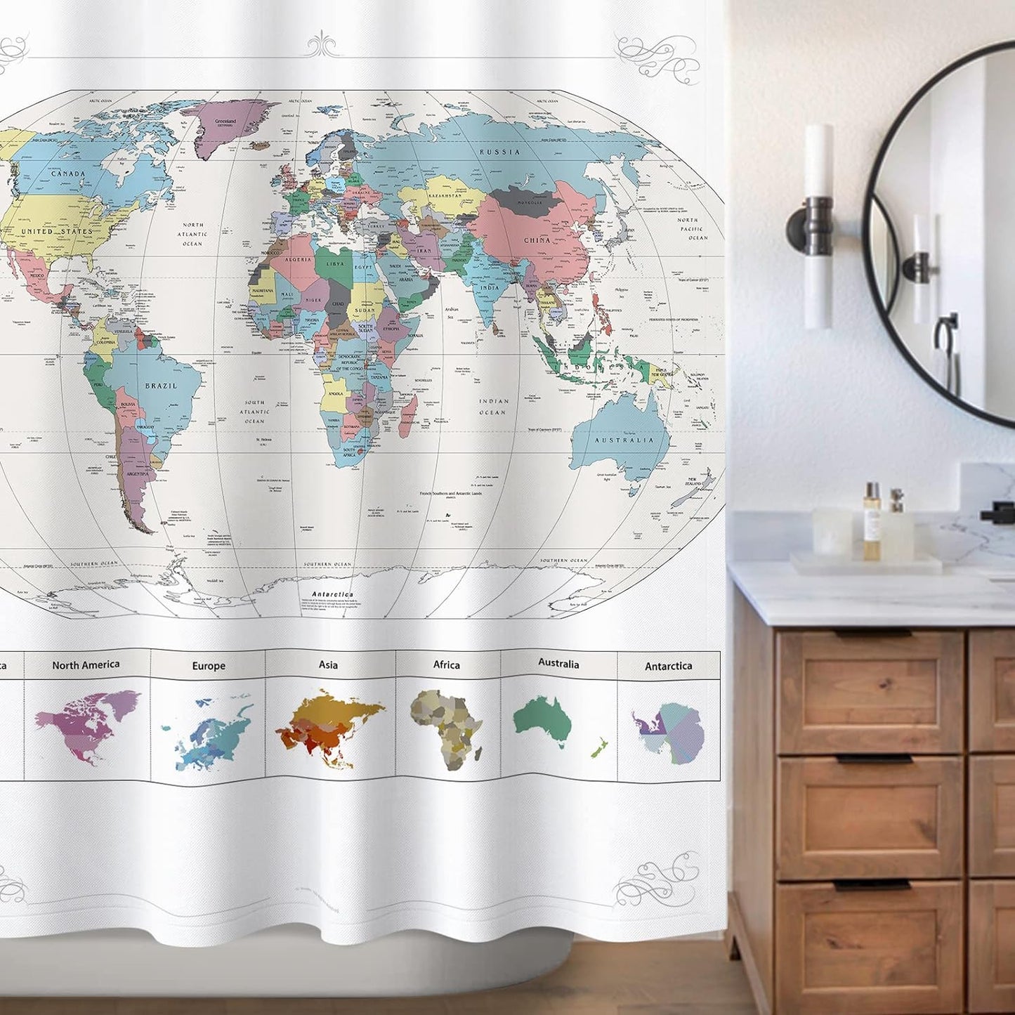 New! Map of The World with Detailed Major Cities. PVC Free, Non-Toxic and Odorless Water Repellent Fabric Shower Curtains - Large Home Decor Wall Map