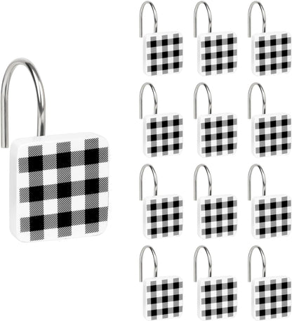 Christmas Decorative Shower Curtain Hooks, Plaid Buffalo Check Shower Curtain Rings, Xmas Classic Decor for Bathroom Home, Round Shower Curtain Hangers, Set of 12, White Black Red Green