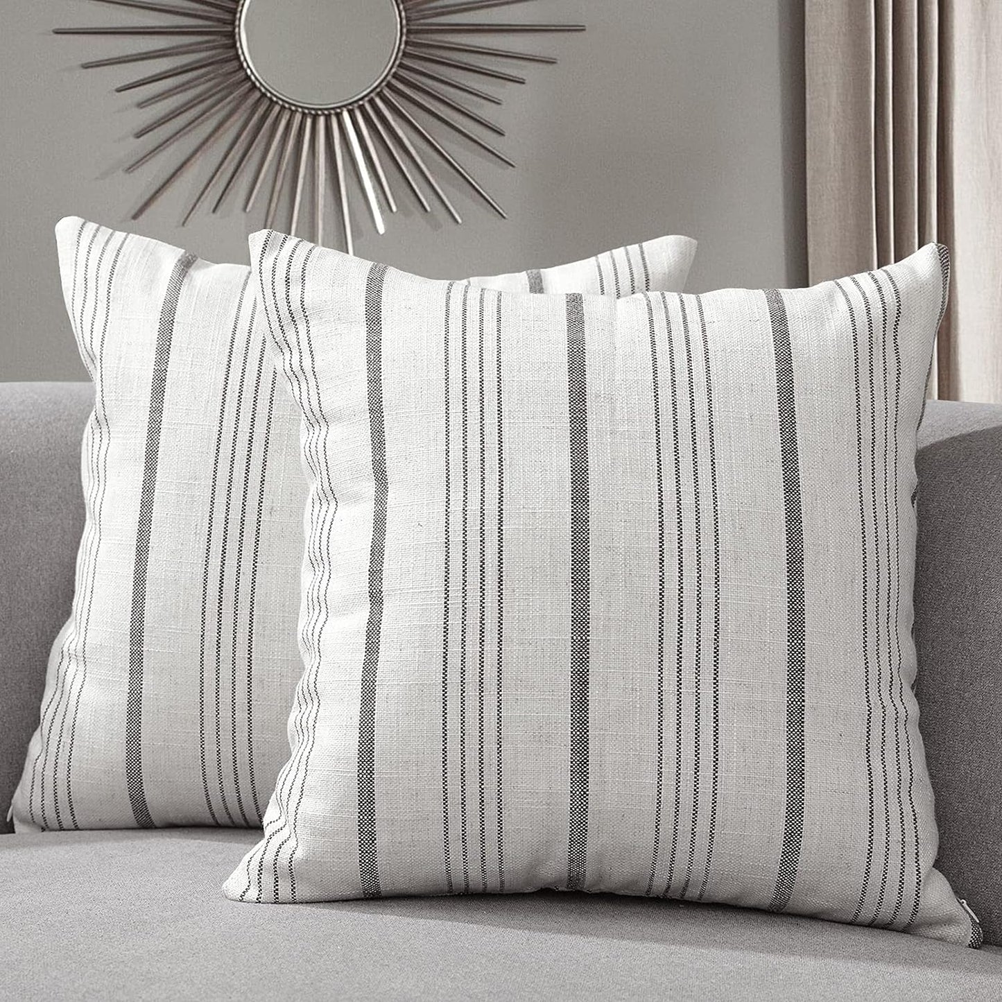 Sunlit Decorative Farmhouse Throw Pillow Case, Cover Only, Set of 2 Cream/Off-White with Charcoal Stripes Square Pillow Cover, 18" x 18", Textured Linen Throw Cushion Covers