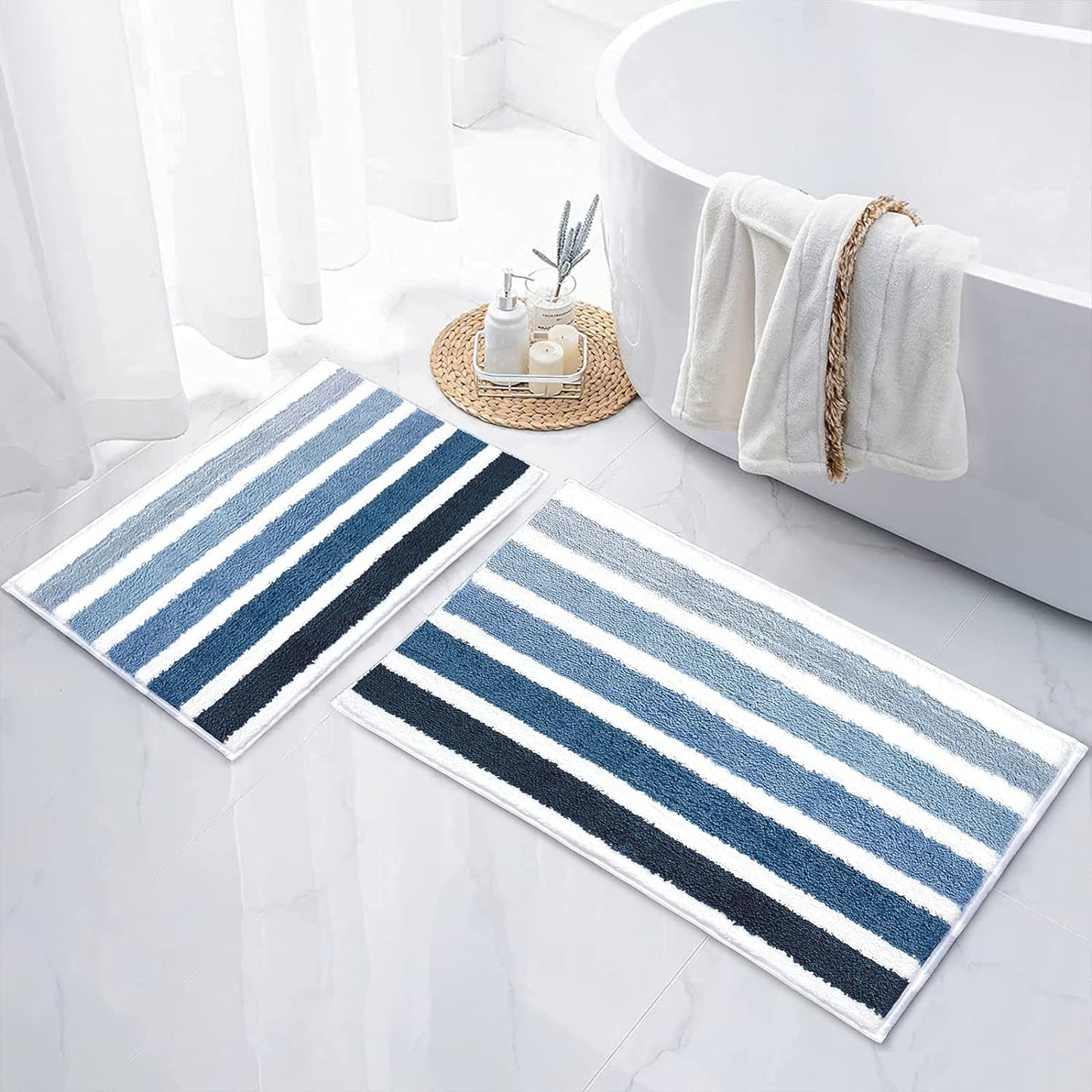 Sunlit 17"x24" Ombre Blue Bathroom Rug Non-Slip Absorbent Soft Bath Mat Set, Floor Mat Dry Fast Machine Washable.