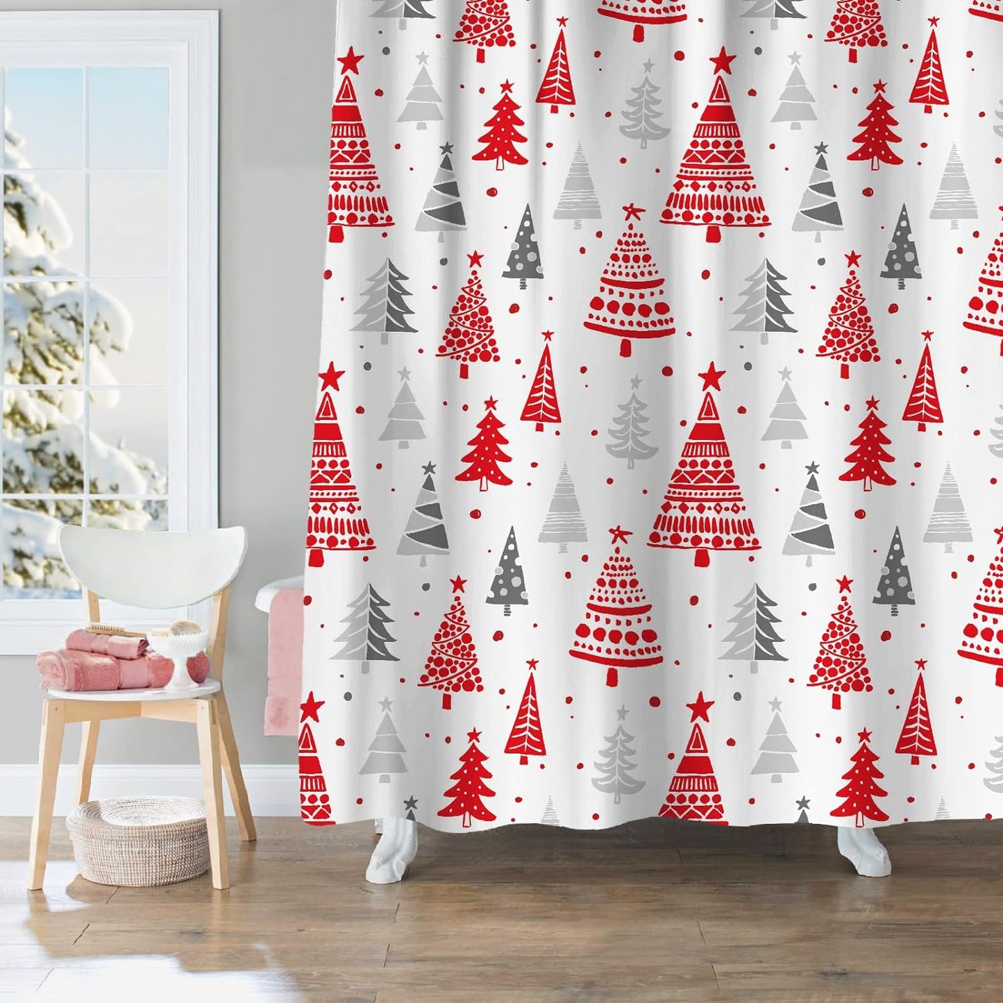 Christmas Shower Curtain, Red and Gray Xmas Trees with Stars and Snow Pattern Shower Curtain for Bathroom Decor, 71x71 Inch