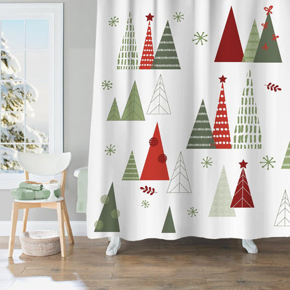 Geometric Modern Design Christmas Shower Curtain Christmas Tree Bathroom Home Office Holiday Wall Decoration as Tapestry and Photo Booth Backdrop Red Green White Printed