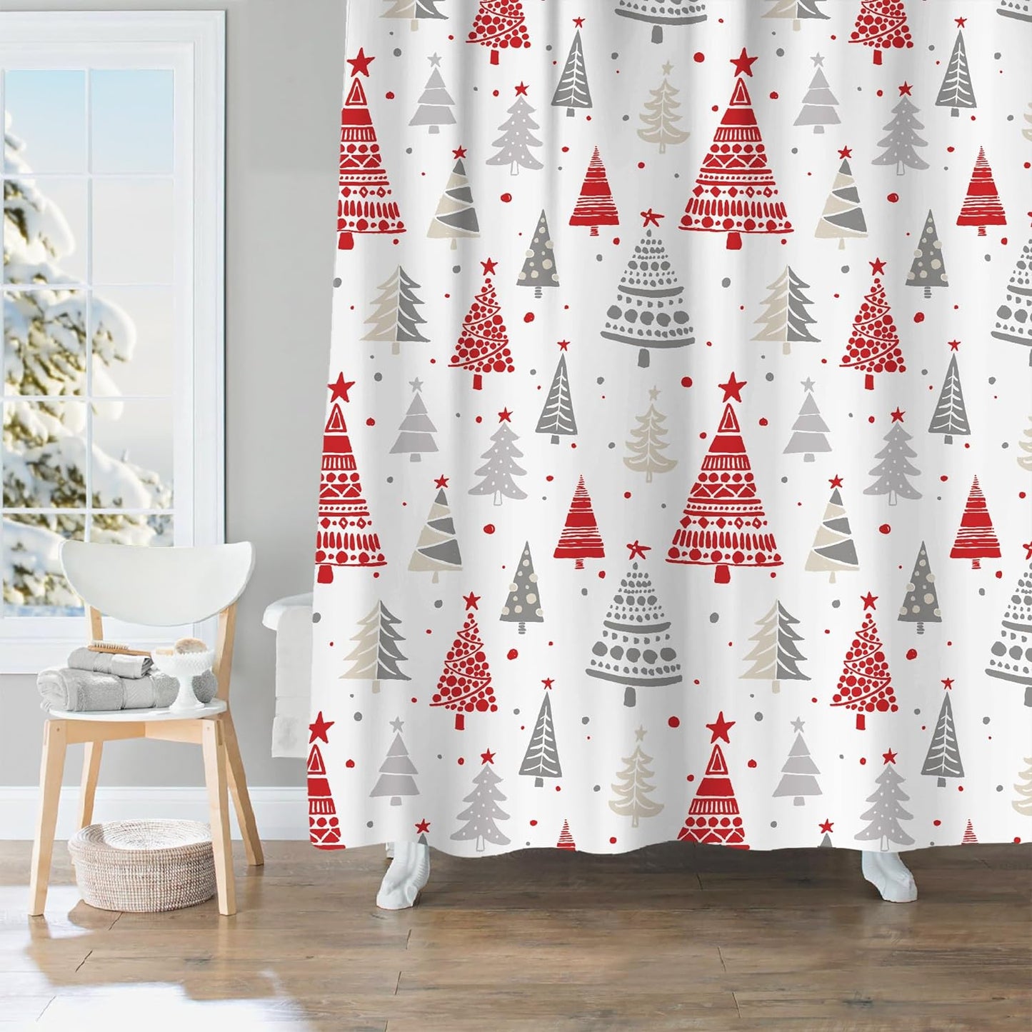 Christmas Shower Curtain, Red and Gray Xmas Trees with Stars and Snow Pattern Shower Curtain for Bathroom Decor, 71x71 Inch