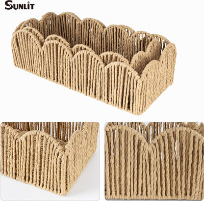 Sunlit Natural Fiber Farmhouse Storage Baskets, Hand Woven Bathroom Storage Boxes, Boho Toilet Paper Tank Basket, Decorative Storage Bins for Countertop, Bathroom Organizer Set of 2, Wavy, Beige