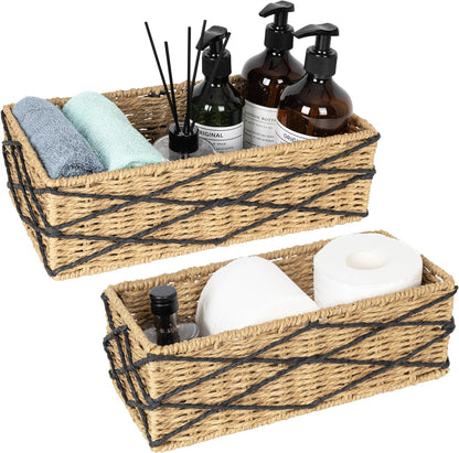 Sunlit Natural Fiber Farmhouse Storage Baskets, Hand Woven Bathroom Storage Boxes, Boho Toilet Paper Tank Basket, Decorative Storage Bins for Countertop, Bathroom Organizer Set of 2, Wavy, Beige