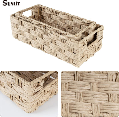 Sunlit Natural Fiber Farmhouse Storage Baskets, Hand Woven Bathroom Storage Boxes, Boho Toilet Paper Tank Basket, Decorative Storage Bins for Countertop, Bathroom Organizer Set of 2, Wavy, Beige