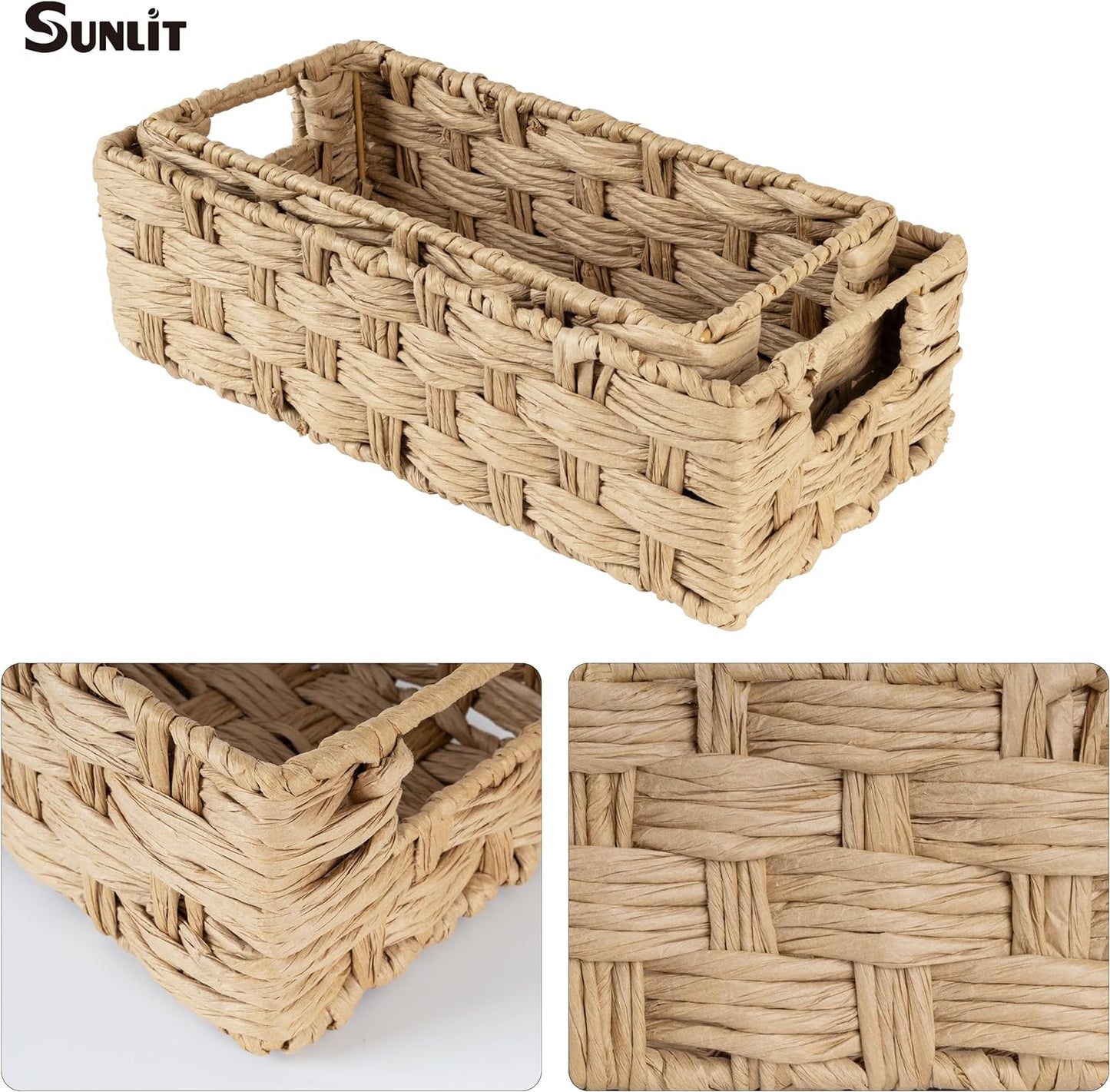 Sunlit Natural Fiber Farmhouse Storage Baskets, Hand Woven Bathroom Storage Boxes, Boho Toilet Paper Tank Basket, Decorative Storage Bins for Countertop, Bathroom Organizer Set of 2, Wavy, Beige