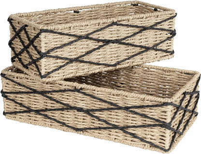 Sunlit Natural Fiber Farmhouse Storage Baskets, Hand Woven Bathroom Storage Boxes, Boho Toilet Paper Tank Basket, Decorative Storage Bins for Countertop, Bathroom Organizer Set of 2, Wavy, Beige