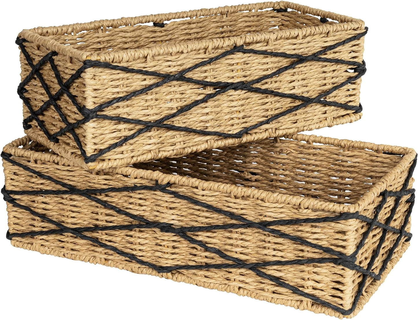 Sunlit Natural Fiber Farmhouse Storage Baskets, Hand Woven Bathroom Storage Boxes, Boho Toilet Paper Tank Basket, Decorative Storage Bins for Countertop, Bathroom Organizer Set of 2, Wavy, Beige