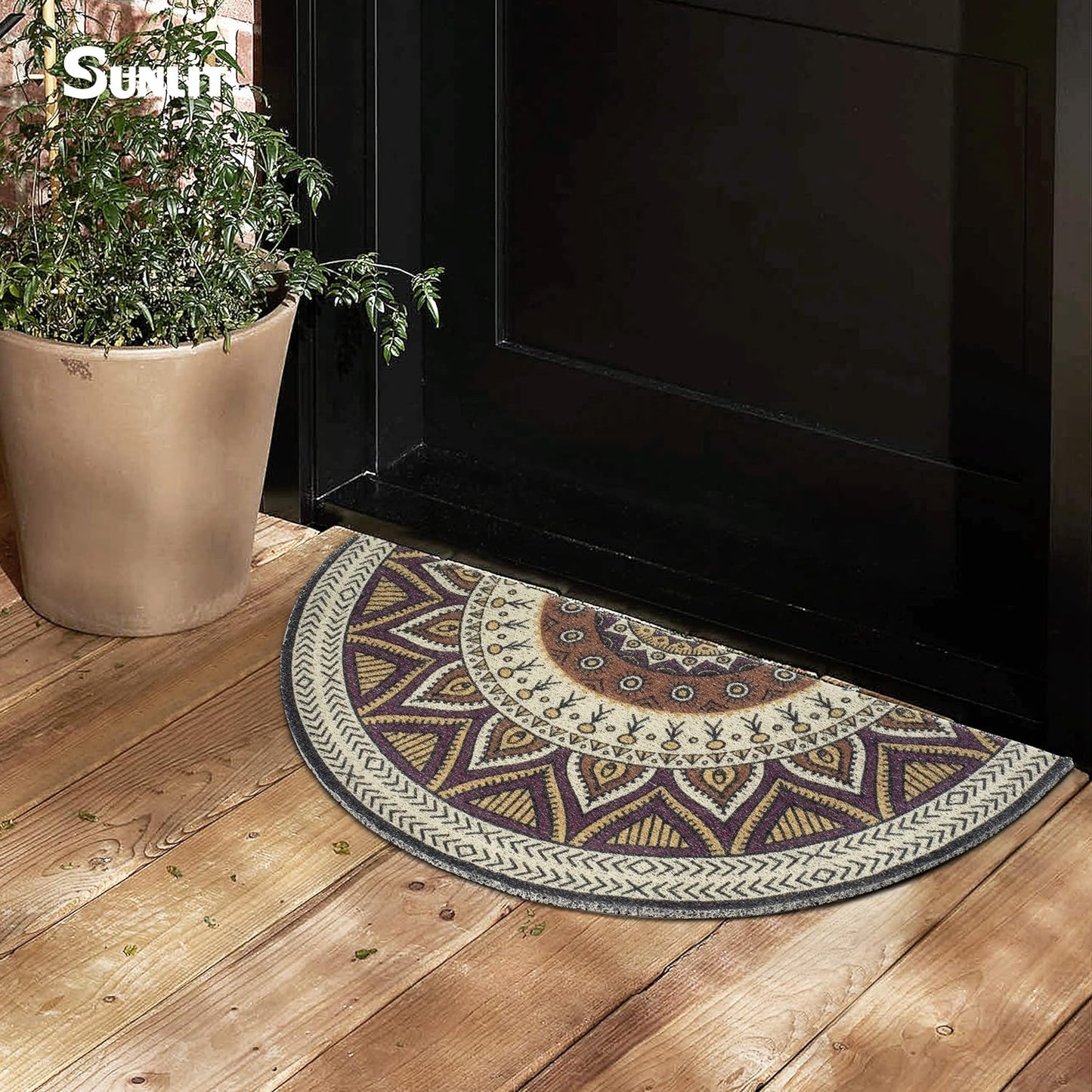 Sunlit Tribal Mandala Half Round Dirt Trapper Welcome Mat, 34" x 17" Indoor Outdoor Non-Slip Front Door Mat, Front Door Decor, Low Profile Entryway Rug, Easy to Clean Door Mat for Back Door Waterproof