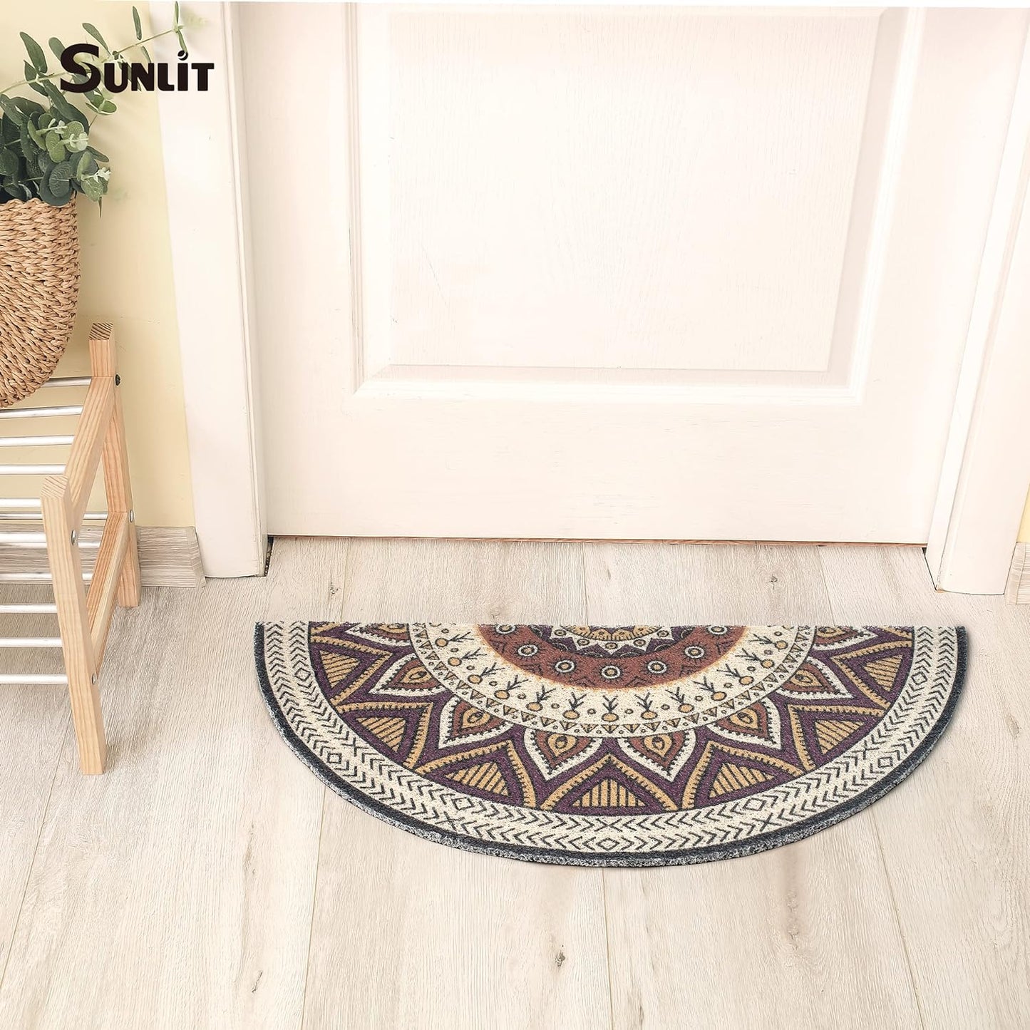 Sunlit Tribal Mandala Half Round Dirt Trapper Welcome Mat, 34" x 17" Indoor Outdoor Non-Slip Front Door Mat, Front Door Decor, Low Profile Entryway Rug, Easy to Clean Door Mat for Back Door Waterproof