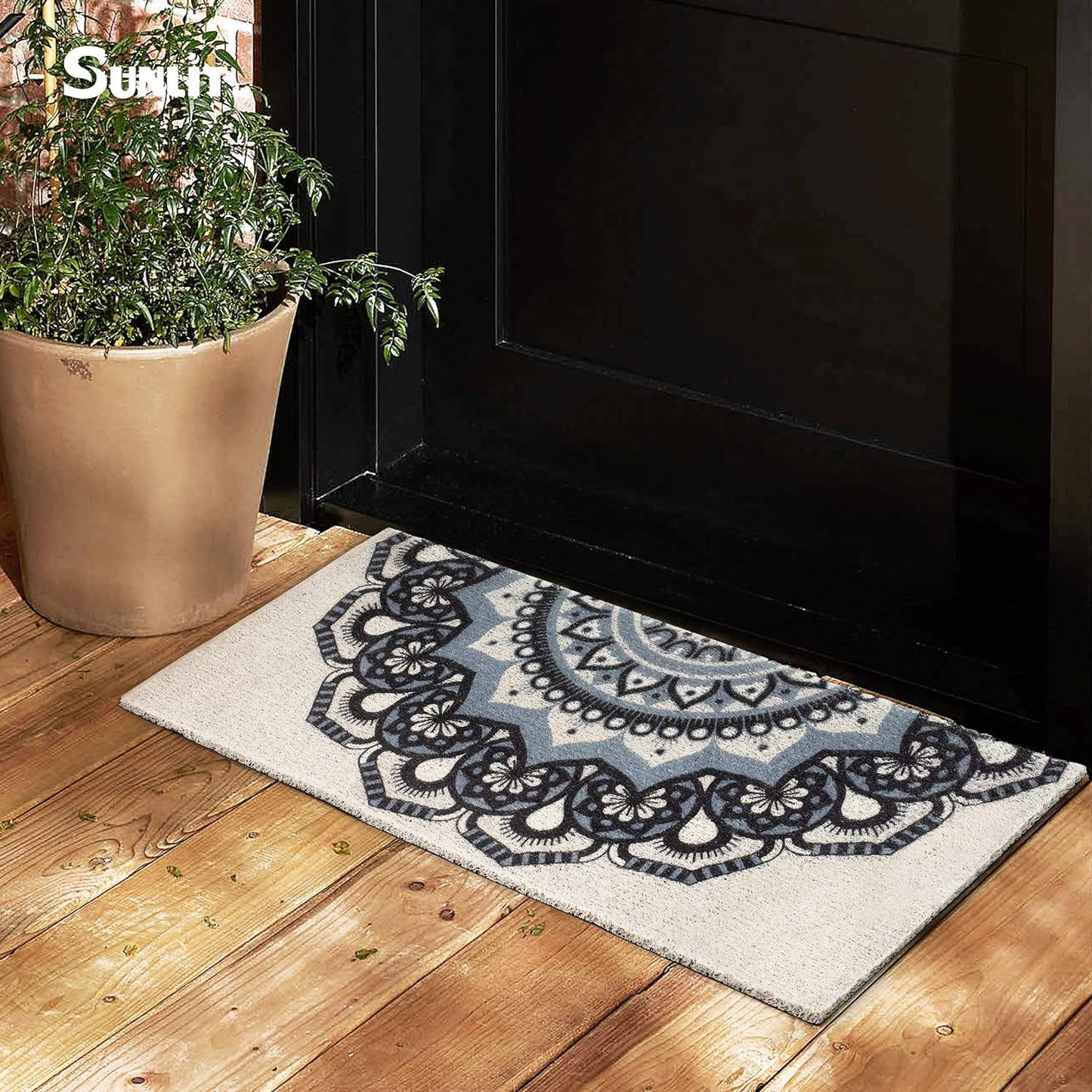 Sunlit Mandala Welcome Mats, 33.5" x 15.8", Indoor Outdoor Non-Slip Front Door Mat, Front Door Decor, Low Profile Entryway Rug, Easy to Clean Door Mat for Back Door Waterproof, Green