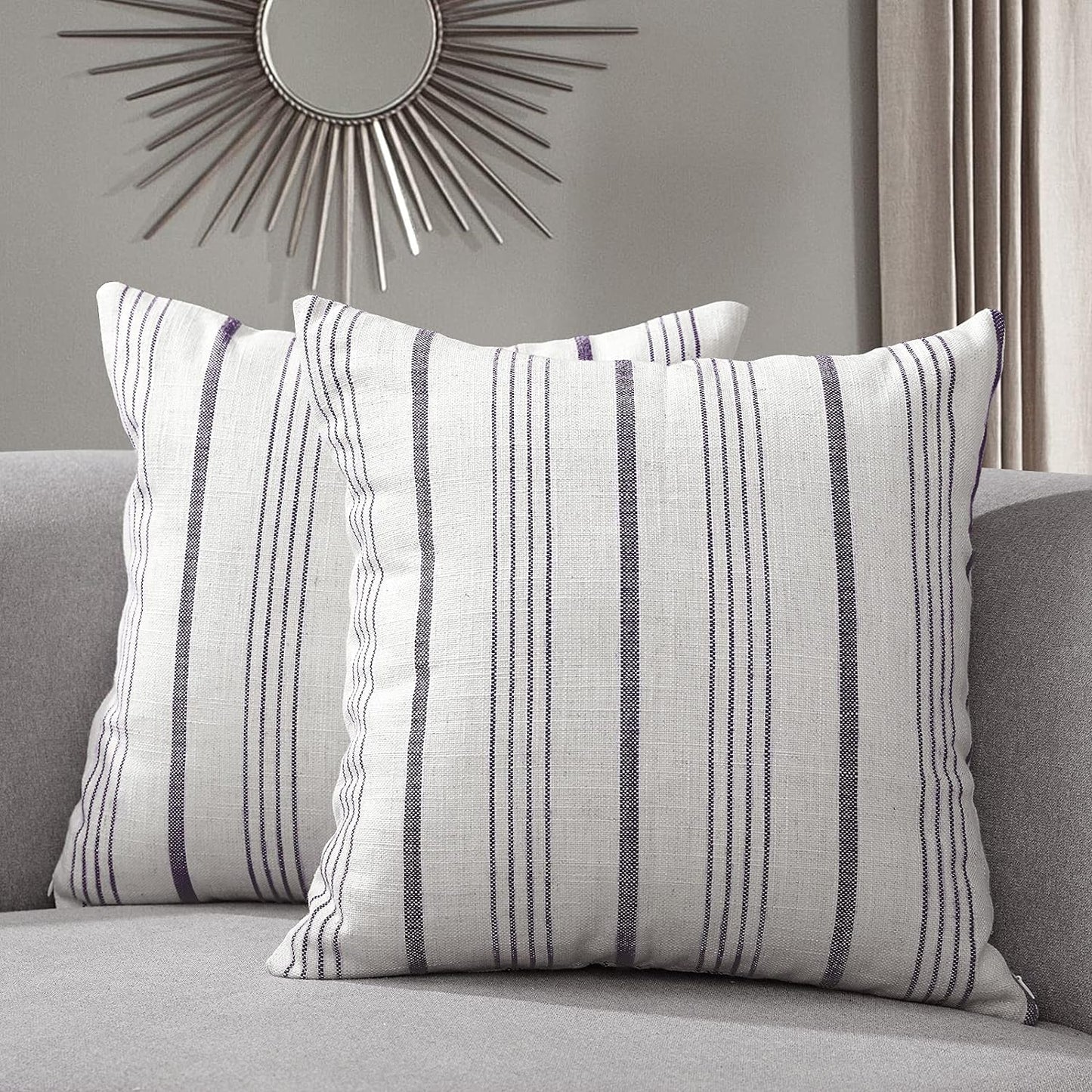 Sunlit Decorative Farmhouse Throw Pillow Case, Cover Only, Set of 2 Cream/Off-White with Charcoal Stripes Square Pillow Cover, 18" x 18", Textured Linen Throw Cushion Covers