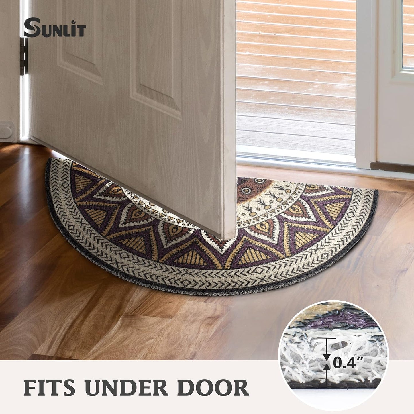 Sunlit Tribal Mandala Half Round Dirt Trapper Welcome Mat, 34" x 17" Indoor Outdoor Non-Slip Front Door Mat, Front Door Decor, Low Profile Entryway Rug, Easy to Clean Door Mat for Back Door Waterproof