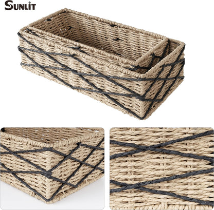 Sunlit Natural Fiber Farmhouse Storage Baskets, Hand Woven Bathroom Storage Boxes, Boho Toilet Paper Tank Basket, Decorative Storage Bins for Countertop, Bathroom Organizer Set of 2, Wavy, Beige