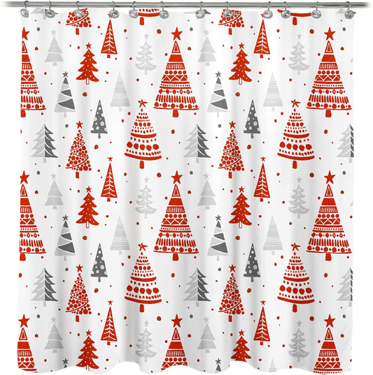 Christmas Shower Curtain, Red and Gray Xmas Trees with Stars and Snow Pattern Shower Curtain for Bathroom Decor, 71x71 Inch