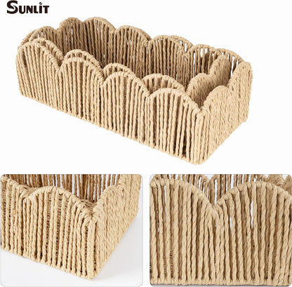 Sunlit Natural Fiber Farmhouse Storage Baskets, Hand Woven Bathroom Storage Boxes, Boho Toilet Paper Tank Basket, Decorative Storage Bins for Countertop, Bathroom Organizer Set of 2, Wavy, Beige