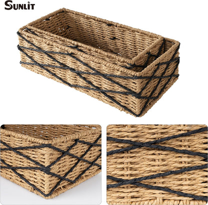 Sunlit Natural Fiber Farmhouse Storage Baskets, Hand Woven Bathroom Storage Boxes, Boho Toilet Paper Tank Basket, Decorative Storage Bins for Countertop, Bathroom Organizer Set of 2, Wavy, Beige